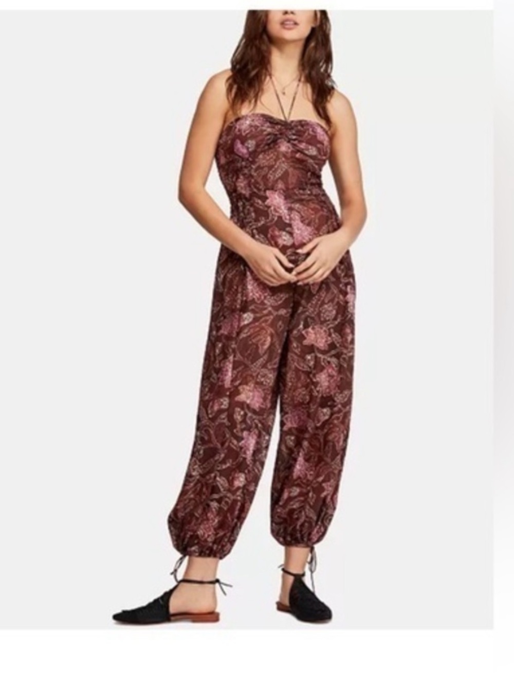 Anthropologie Strapless Floral Harem Jumpsuit - Burgundy & Pink